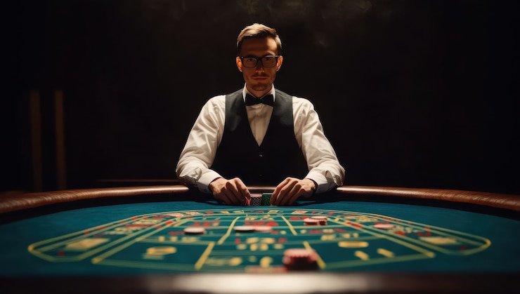 Layar Three Card Poker dengan kartu dealer terbuka dan riwayat putaran